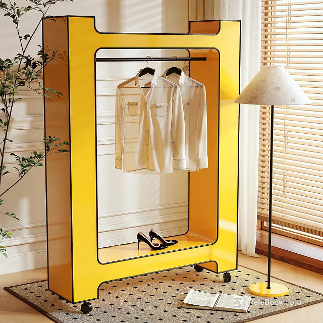 Yellow Clothes Rack With White Shirts And Black High Heels In Modern Interior 3d model 