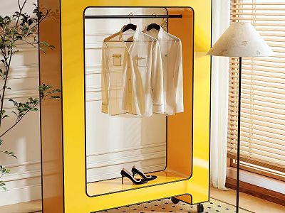 Yellow Clothes Rack With White Shirts And Black High Heels In Modern Interior 3d model