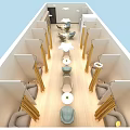 Modern Bright Cozy Lounge Space With Long Yellow Curtains Round White Tables And Potted Plants