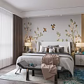 Modern Bedroom with White Wardrobe Gold Handles Brown Cabinets Dressing Table Lamp and Floral Rug