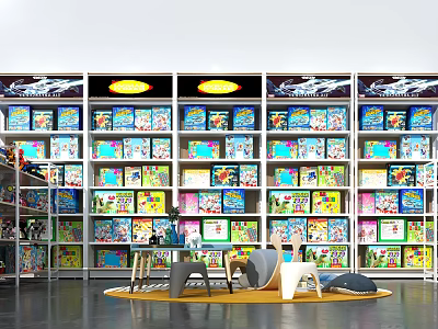 Colorful Mall Bookstore with Shelves of Magazines and Cozy Seating Area with Sofas 3d model