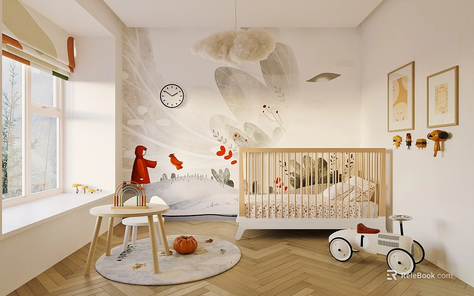 Kids Room Interior With Cloud Plant Mural Wooden Crib Toy Tricycle And Natural Light 3d model 