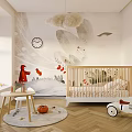 Kids Room Interior With Cloud Plant Mural Wooden Crib Toy Tricycle And Natural Light