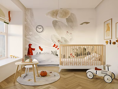 Kids Room Interior With Cloud Plant Mural Wooden Crib Toy Tricycle And Natural Light 3d model
