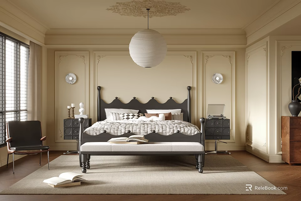 Elegant Bedroom Design Featuring Black Headboard Bed Nightstands Pendant Light Paneled Walls And Area Rug 3d model 