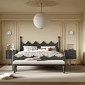 Elegant Bedroom Design Featuring Black Headboard Bed Nightstands Pendant Light Paneled Walls And Area Rug