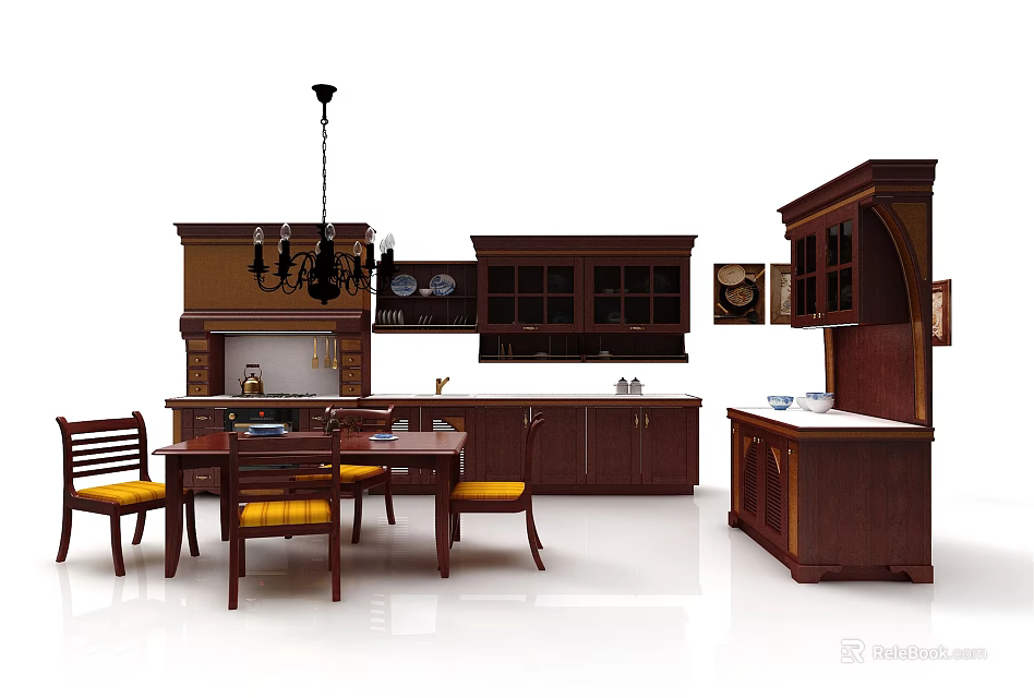 Classic Wooden Kitchen Cabinets in Traditional Dining Area With Table Chairs and Chandelier 3d model 
