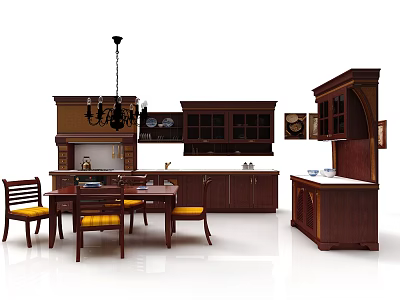 Classic Wooden Kitchen Cabinets in Traditional Dining Area With Table Chairs and Chandelier 3d model
