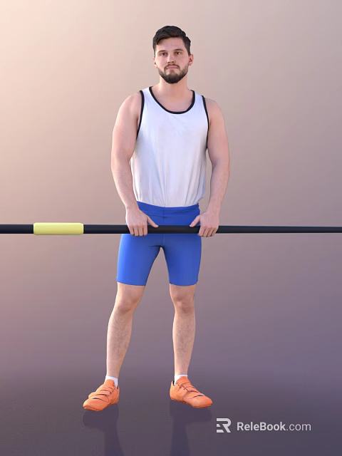 Man in White Tank Top and Blue Shorts Holding Black Pole With Yellow Middle Section 3d model 