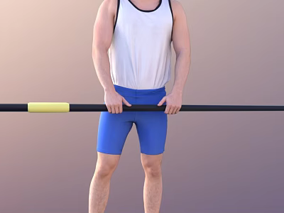 Man in White Tank Top and Blue Shorts Holding Black Pole With Yellow Middle Section 3d model