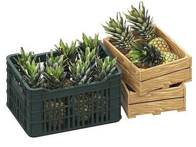 Fresh Pineapples in Green Plastic Crate and Stacked Wooden Crates 3d model