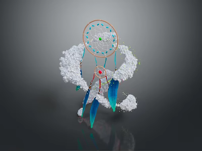 Decorative Dreamcatcher with White Clouds Blue Feathers and Web Design 3d model