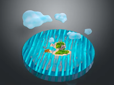 Green Plants on Small Island in Blue Water Surface Surrounded by White Clouds 3d model