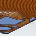 Geometric Pergola Design With Brown Wooden Frame And Blue Glass Panels