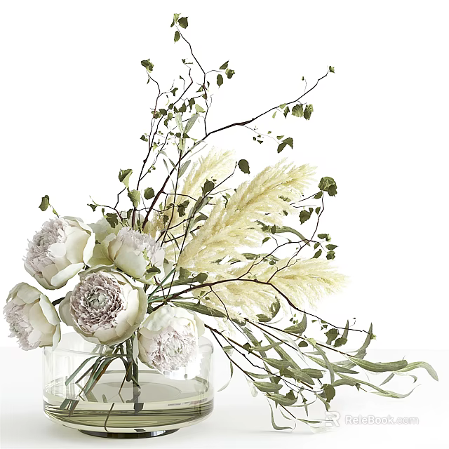 Clear Glass Vase With White Peonies Pampas Grass And Green Eucalyptus Leaves 3d model 