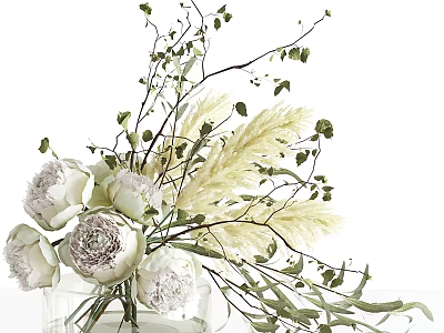 Clear Glass Vase With White Peonies Pampas Grass And Green Eucalyptus Leaves 3d model