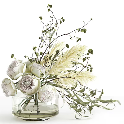 Clear Glass Vase With White Peonies Pampas Grass And Green Eucalyptus Leaves 3d model