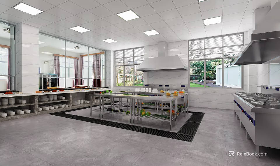 Commercial Kitchen Interior With Stainless Steel Workbench Large Vent Hood And Cabinets 3d model 