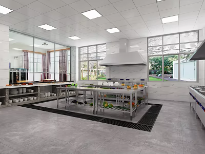 Commercial Kitchen Interior With Stainless Steel Workbench Large Vent Hood And Cabinets 3d model