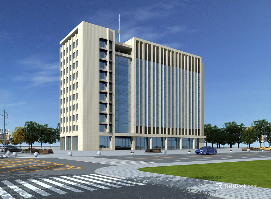 Modern Office Building With Glass Curtain Wall Vertical Stripes And Landscaped Surroundings 3d model 