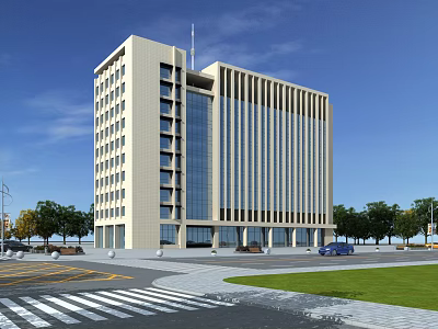 Modern Office Building With Glass Curtain Wall Vertical Stripes And Landscaped Surroundings 3d model