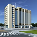 Modern Office Building With Glass Curtain Wall Vertical Stripes And Landscaped Surroundings