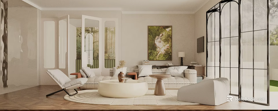 Modern Living Room Interior With Sofa Pillows Round Rug Circular Coffee Table And Large Artwork 3d model 