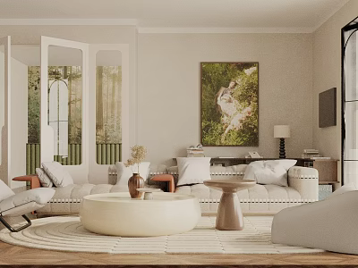Modern Living Room Interior With Sofa Pillows Round Rug Circular Coffee Table And Large Artwork 3d model