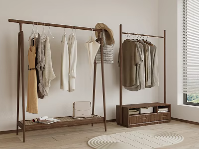 Wooden Coat Hangers With Clothes And Accessories In Minimalist Room 3d model