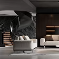 Modern Living Room Interior With Beige Sofa Round Coffee Table Wooden Shelves And Green Plant