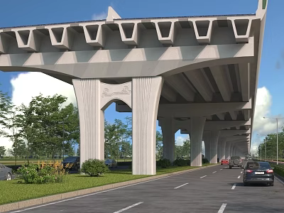 Modern Concrete Bridge With Architectural Pillars Over Traffic Road And Greenery 3d model