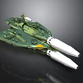 Green Sci Fi Spaceship Model With White Thrusters And Yellow Accents 3d model
