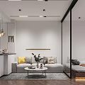 Modern Living Dining Room Interior With Gray Sofa TV Wall Marble Open Kitchen And Plants