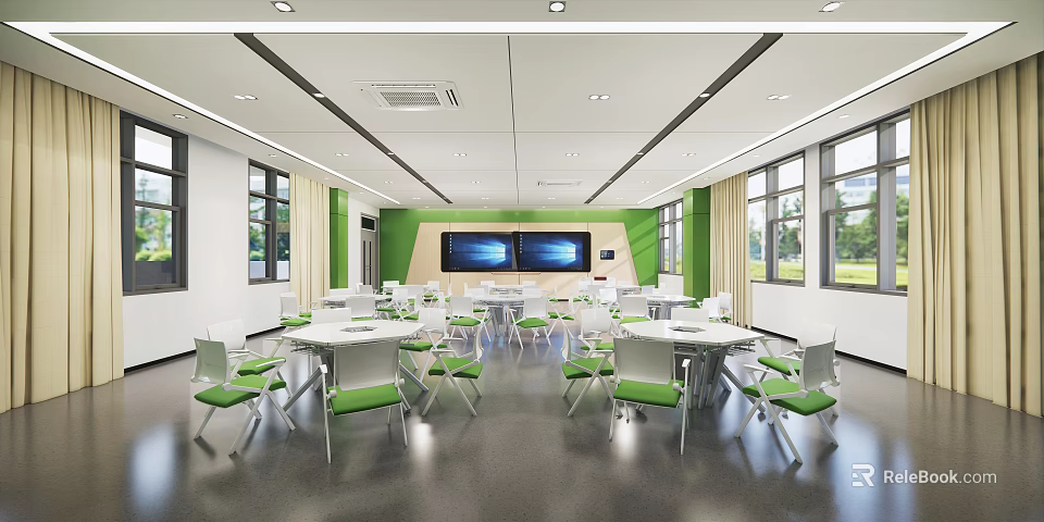School Modern Bright Learning Classroom With Green Chairs White Tables Large Screens And Windows 3d model 