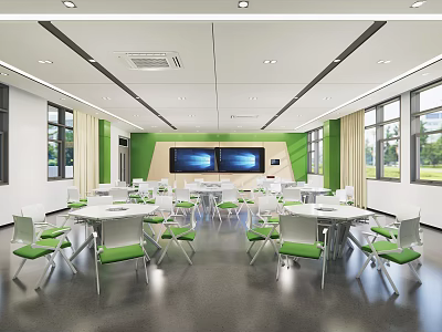 School Modern Bright Learning Classroom With Green Chairs White Tables Large Screens And Windows 3d model