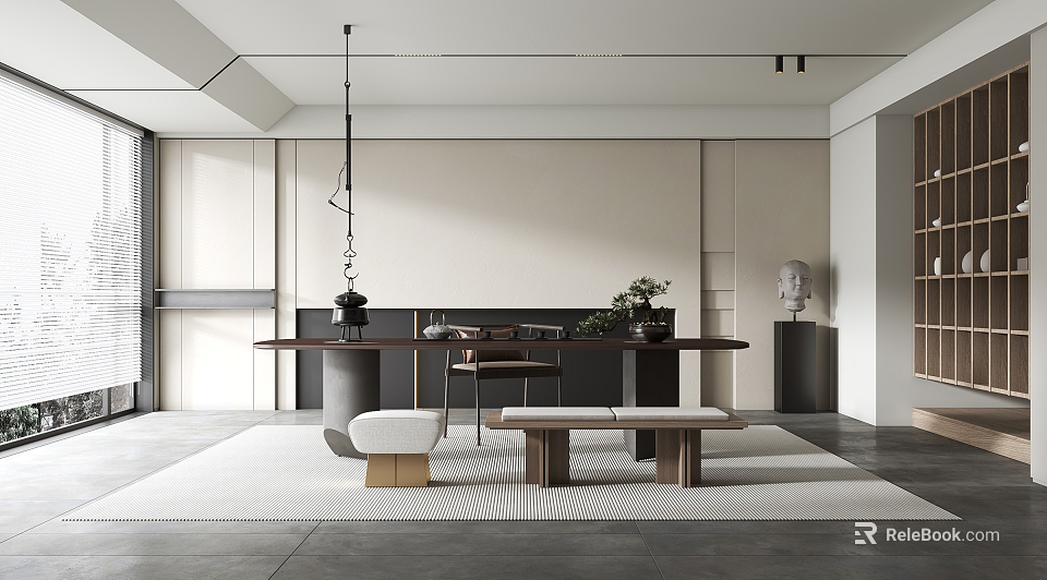 Minimalist Modern Tea Room Interior Design With Wooden Table Seating And Potted Plants 3d model 