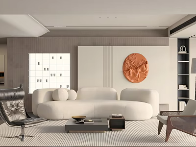 Modern Living Room Interior With Plush White Sofa Circular Orange Wall Decor And Striped Rug 3d model
