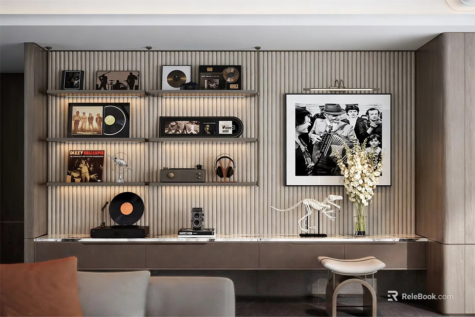 Modern Home Decorative Ornament Combination With Display Shelves Vinyl Records And Artwork 3d model 