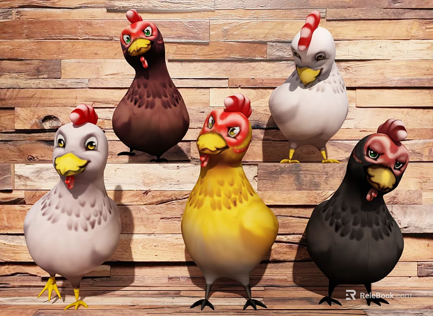 Five Different Colored Cartoon Chicken Game Movie Characters on Wooden Wall 3d model 