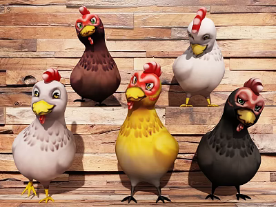 Five Different Colored Cartoon Chicken Game Movie Characters on Wooden Wall 3d model