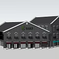 Shangcheng She Commercial Complex With Gray Brick Exterior Gabled Roof And Arched Windows