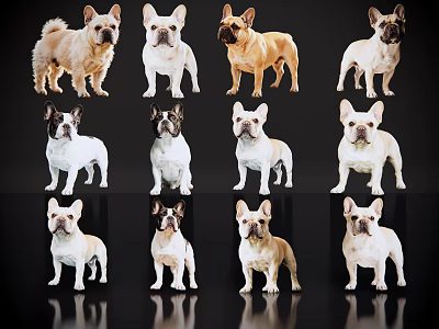 Multiple French Bulldogs In Various Colors Standing On Black Background With Reflections 3d model