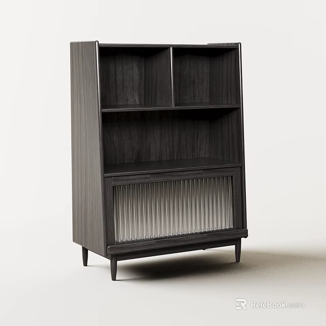 Modern Black Wooden Bookcase With Multiple Shelves Louvered Panel And Support Legs 3d model 