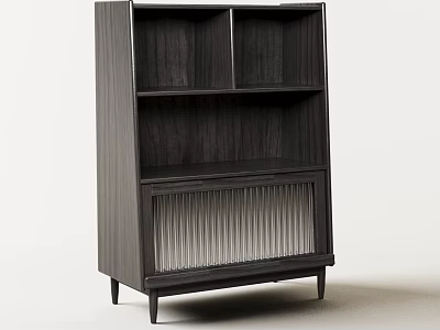 Modern Black Wooden Bookcase With Multiple Shelves Louvered Panel And Support Legs 3d model
