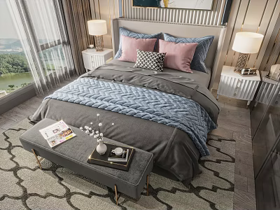 Modern Double Bed In Stylish Bedroom With Gray Quilt Pink Pillows And Window View 3d model