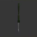 Shovel With Green Handle And Metal Blade On Dark Reflective Surface