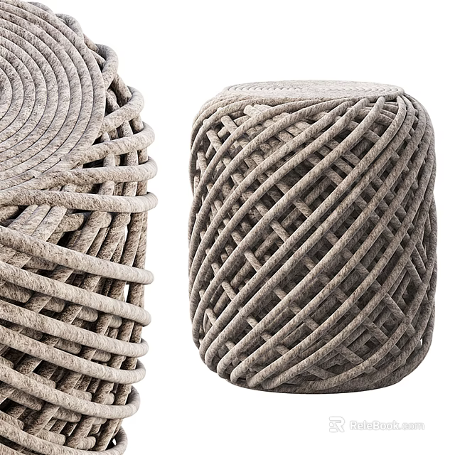 Woven Rattan Stool with Light Gray Cylindrical Design and Textured Pattern 3d model 