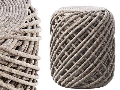 Woven Rattan Stool with Light Gray Cylindrical Design and Textured Pattern 3d model