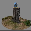 Small Blue Two Story House Model With Windows Door And Stairs On A Tree Stump