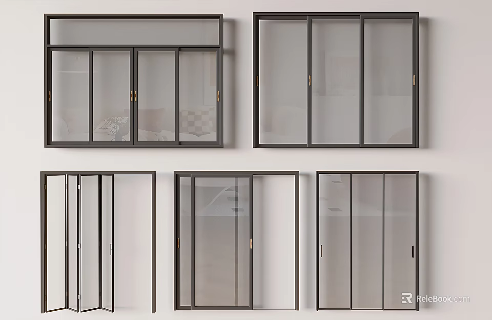 Modern Sliding Doors With Clear Glass Panels And Sleek Metal Frames Different Styles 3d model 